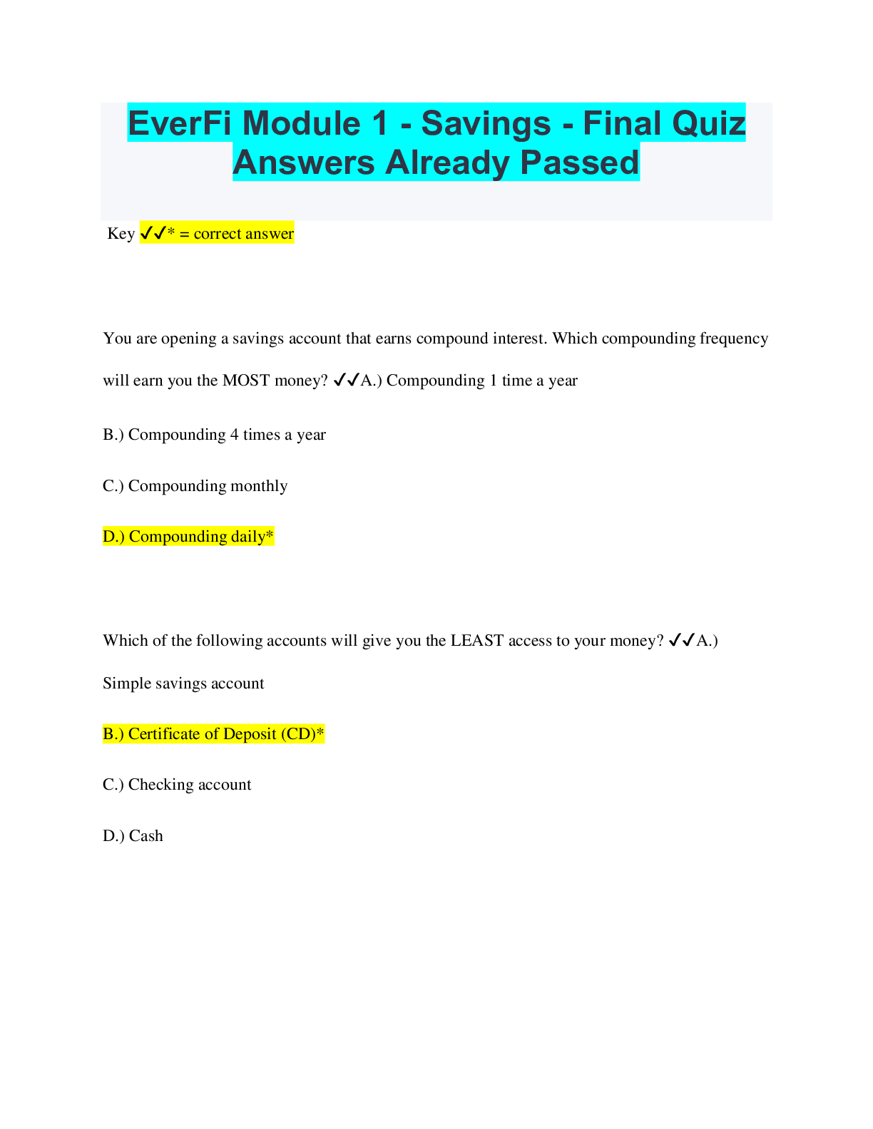 EverFi Module 1 - Savings - Final Quiz Answers Already Passed